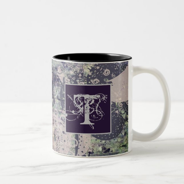 Monogram Steampunk Inspo Funky Mandala Floral Two-Tone Coffee Mug (Right)