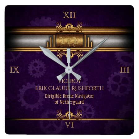 Monogram Steampunked Deco, brass and royal purple Square Wall Clock