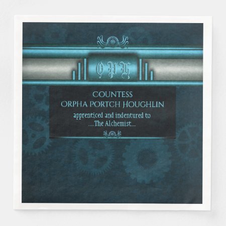 Monogram, Steampunked Deco on ice-blue and teal Paper Dinner Napkin