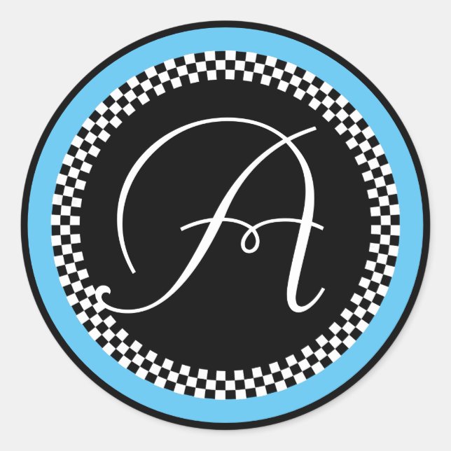 Monogram Sticker with Checkerboard Blue Border (Front)