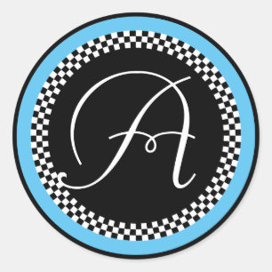 Monogram Sticker with Checkerboard Blue Border