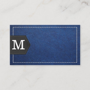 Monogram Stitched Blue Leather and Patch Business Card