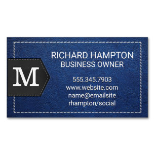 Monogram Stitched Blue Leather and Patch Business Card Magnet