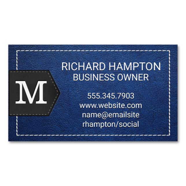 Monogram | Stitched Blue Leather and Patch Business Card Magnet (Front)