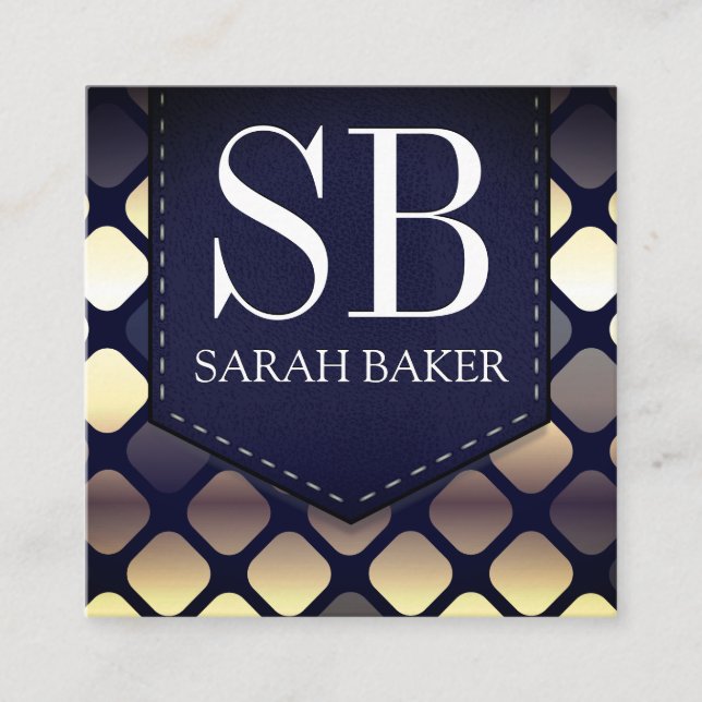 Monogram Stitched Leather | Luxury Geometric Square Business Card (Front)