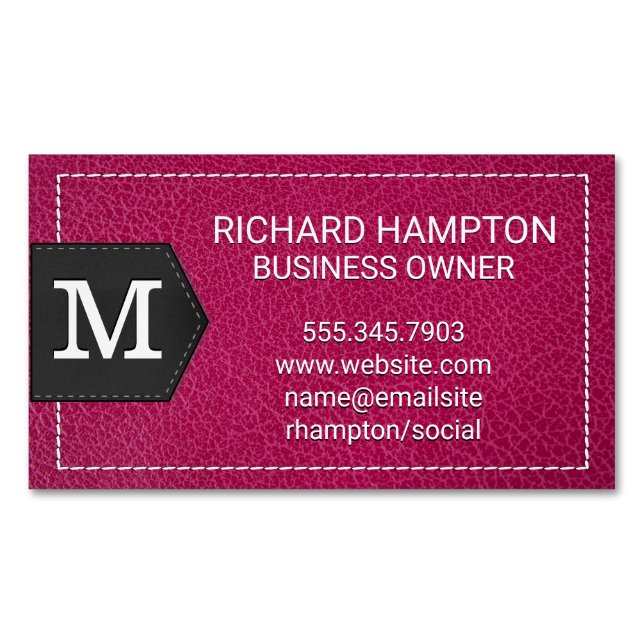 Monogram | Stitched Pink Leather and Patch Business Card Magnet (Front)
