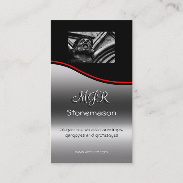 Monogram, Stonemason Business, red swoosh Business Card (Front)