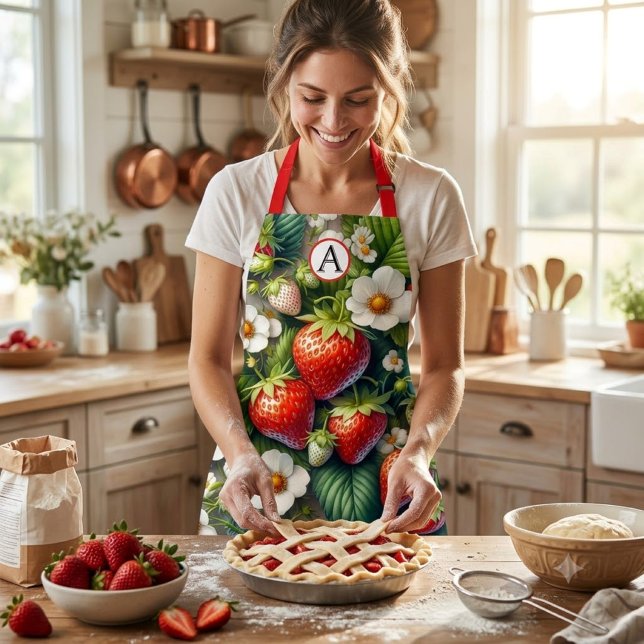Monogram Strawberry All-Over Print Apron (Creator Uploaded)