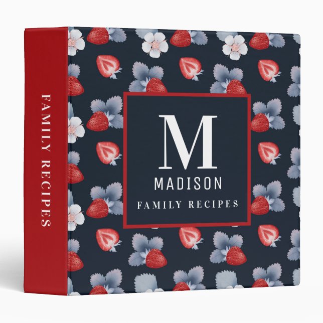 Monogram Strawberry Floral Modern Kitchen Recipe 3 Ring Binder (Front/Spine)