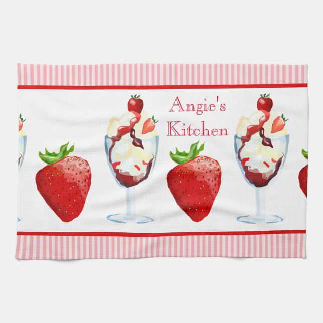 Monogram Strawberry Sundae Ice Cream Pink Stripes Towel (Horizontal)