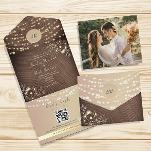 Monogram String Lights Wedding All In One Invitation