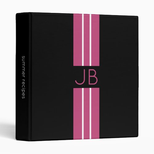 Monogram Stripe Black Pink Recipe 3 Ring Binder