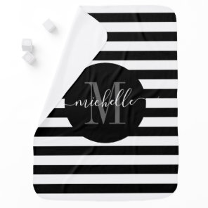 Monogram Stripe Girly Script Classic Black White Baby Blanket