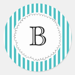 Monogram Stripe Ruffle Teal Vintage Class Classic Classic Round Sticker