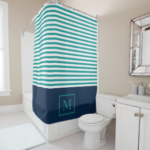 Monogram Stripe Shower Curtain - Aqua/Navy Blue