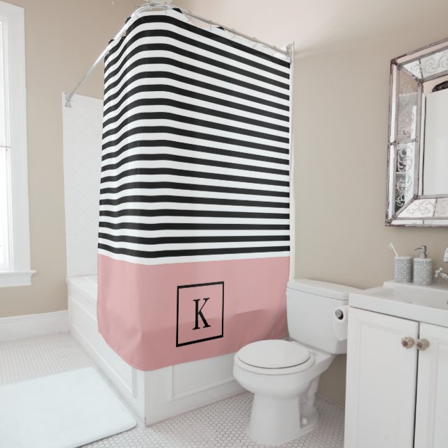 Monogram Stripe Shower Curtain - Black/Blush Pink (In Situ)