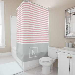 Monogram Stripe Shower Curtain - Blush Pink/Grey