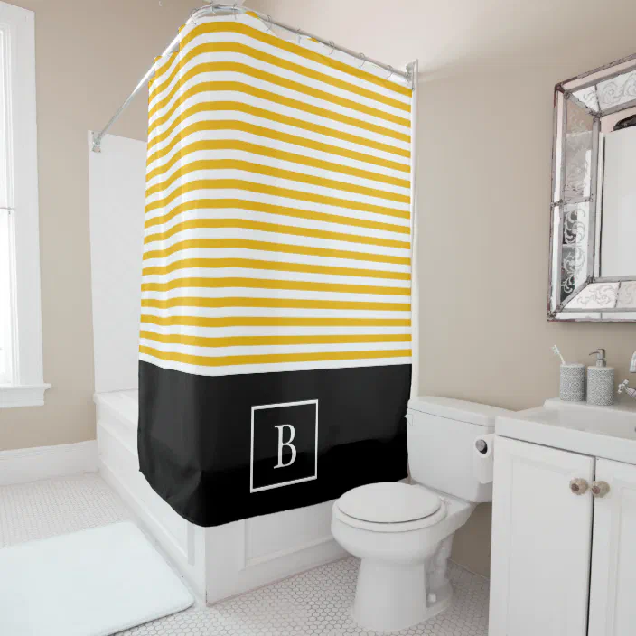 Monogram Stripe Shower Curtain, Mustard Yellow Striped Shower Curtain
