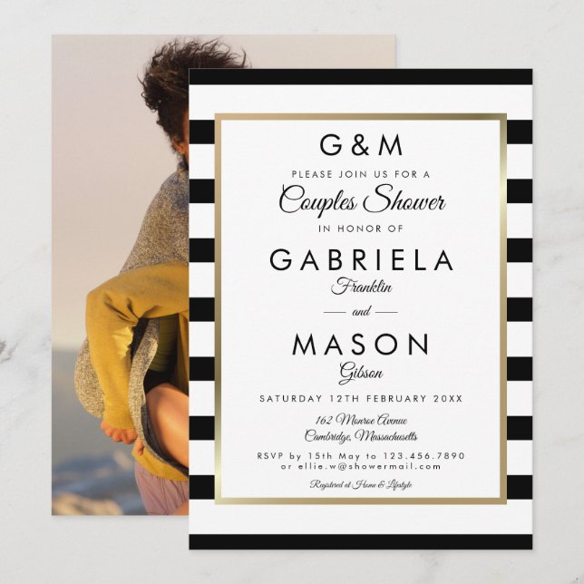 Monogram Stripe Wedding Couples Shower Photo Invitation (Front/Back)