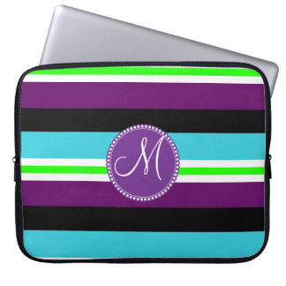 Monogram Striped Pattern Purple Teal Lime Black Laptop Sleeve