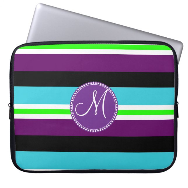 Monogram Striped Pattern Purple Teal Lime Black Laptop Sleeve (Front)