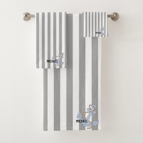 Monogram striped pattern with cute Anchor grey Bath Towel Set