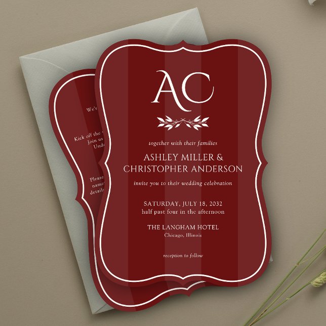 Monogram Striped Rosewood Red All-in-One Wedding Invitation (Creator Uploaded)