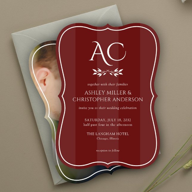 Monogram Striped Rosewood Red Photo Wedding Invitation (Creator Uploaded)