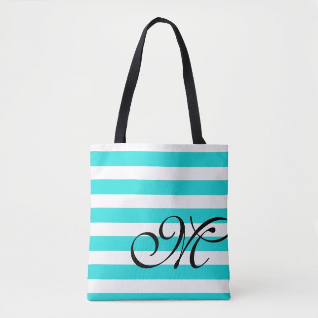 Monogram & Stripes Beach Blue Aqua Tote Bag (Front)