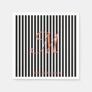 Monogram Stripes Black White Celebration Party Napkins