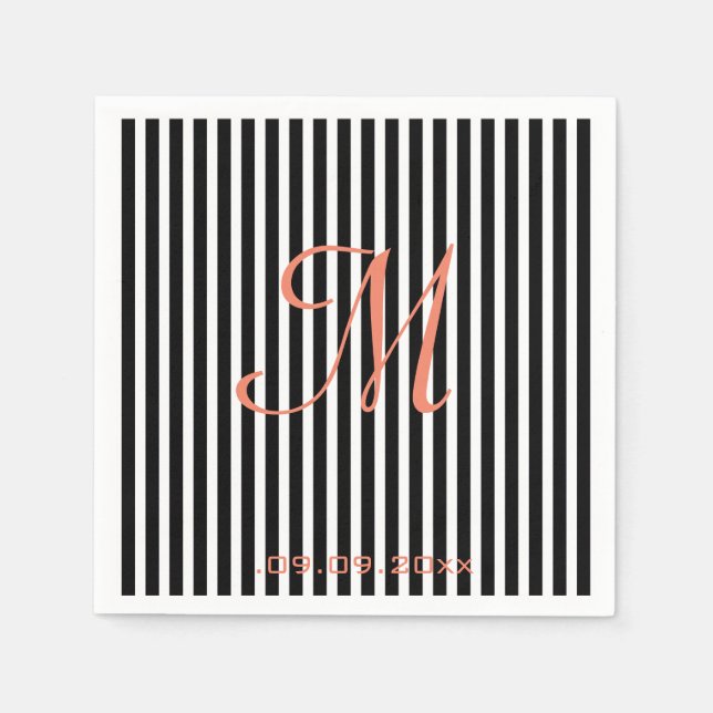 Monogram Stripes Black White Celebration Party Napkins (Front)