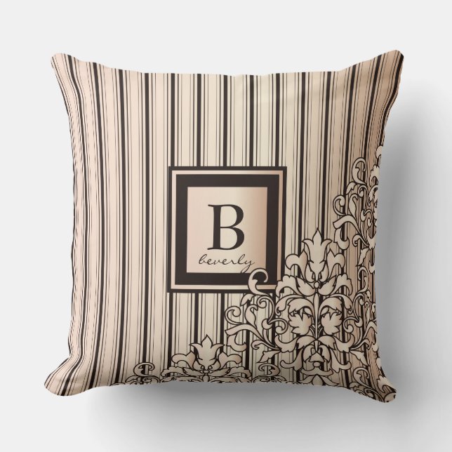 Monogram Stripes Damask Feminine Girly Pretty Throw Pillow (Front)