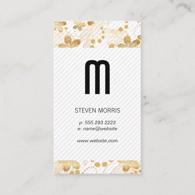 Monogram | Stripes | Gold Floral Pattern Business Card (Front)
