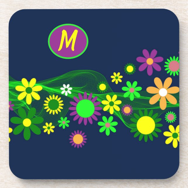 Monogram Stylish 60s Flower Design Beverage Coaster (Front)