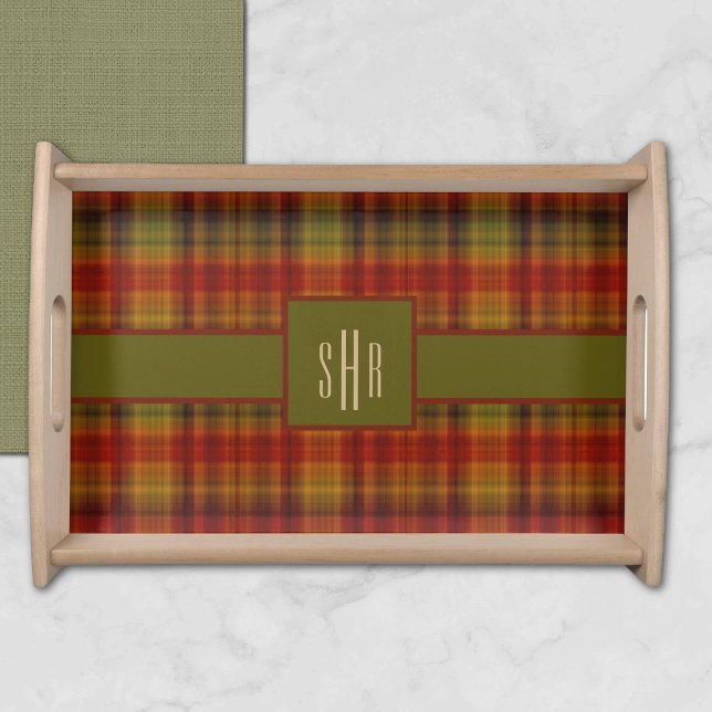 Monogram Stylish Autumn Plaid Pattern Serving Tray (Creator Uploaded)