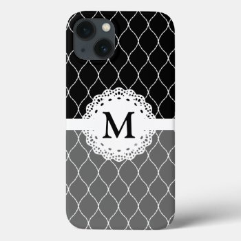 Monogram - Stylish Black And White Lace Pattern Iphone 13 Case by UrHomeNeeds at Zazzle