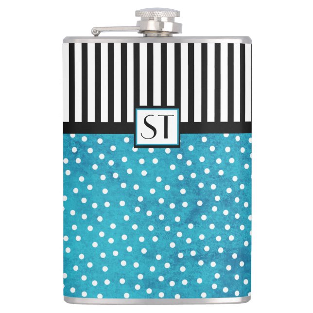 Monogram Stylish Blue Polka Dot Black Stripes Flask (Front)