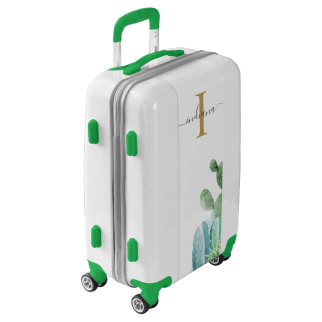 Monogram Stylish Cacti Plants Name Script Greenery Luggage (Rotated Left)