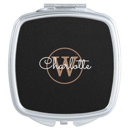 Monogram Stylish Feminine Script Black Gold Compact Mirror