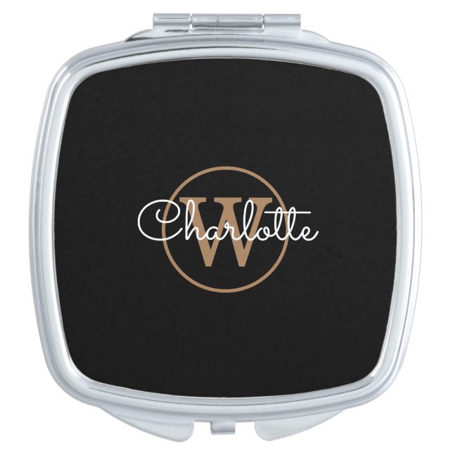 Monogram Stylish Feminine Script Black Gold Compact Mirror (Front)
