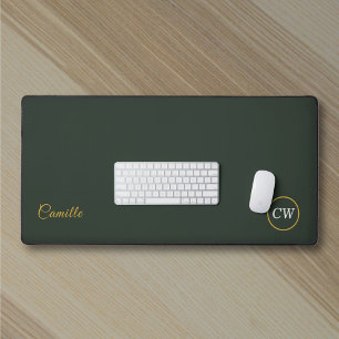 Monogram Stylish Gold & Forest Green Desk Mat
