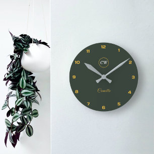 Monogram Stylish Gold & Forest Green  Round Clock