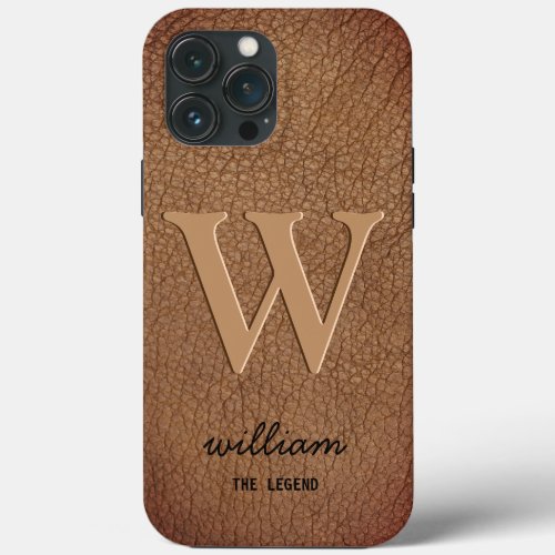 Monogram stylish gold script name brown leather iPhone 13 pro max case