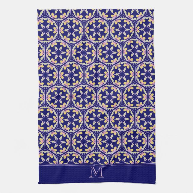 Monogram Stylish Indigo Spanish Mediterranean Tile Kitchen Towel (Vertical)