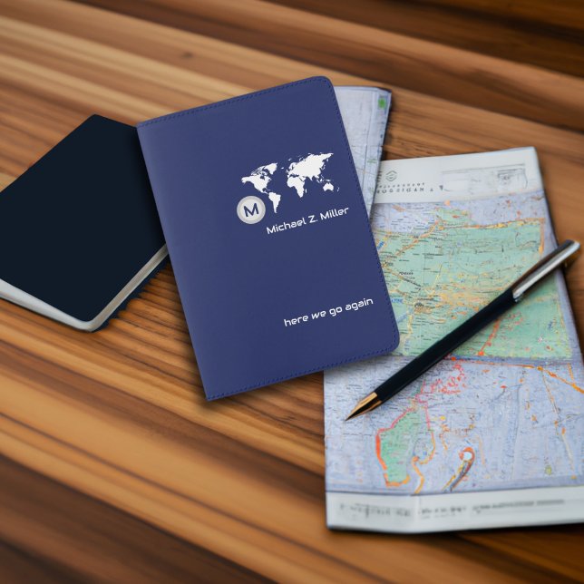 Monogram Stylish Modern Adventures Blue Passport Holder (Creator Uploaded)