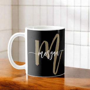 Monogram Stylish Modern Black Gold Coffee Mug