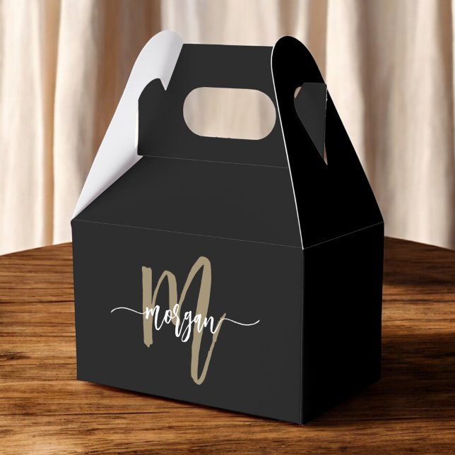 Monogram Stylish Modern Black Gold Favor Boxes (Creator Uploaded)