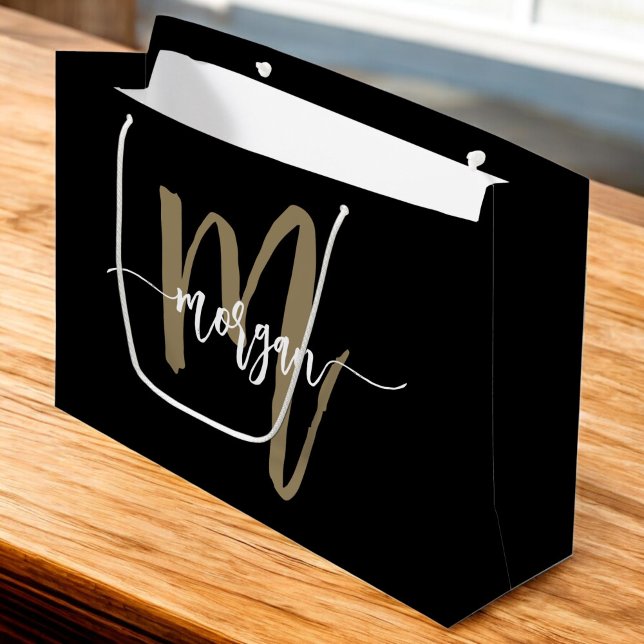 Monogram Stylish Modern Black Gold Large Gift Bag (Creator Uploaded)