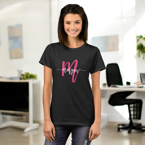 Monogram Stylish Modern Black Hot Pink T_Shirt