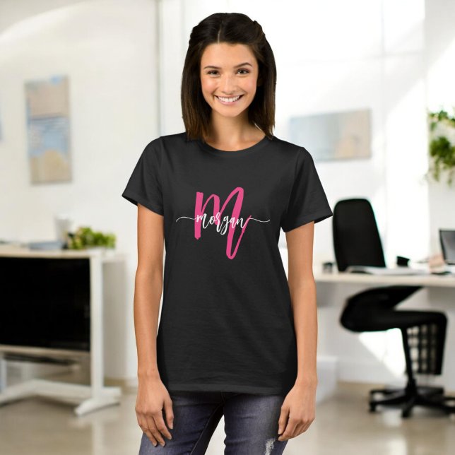 Monogram Stylish Modern Black Hot Pink T-Shirt (Creator Uploaded)